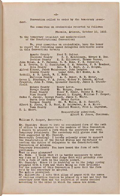 JOURNALS OF THE CONSTITUTIONAL CONVENTION OF ARIZONA. AS PROVIDED FOR BY THE ENABLING ACT OF CONGRESS APPROVED JUNE 20th, 1910. HELD IN THE HALL OF THE HOUSE OF REPRESENTATIVES IN THE CAPITOL OF THE TERRITORY OF ARIZONA, AT PHOENIX, ARIZONA, OCTOBER 10 TO DECEMBER 9, 1910.