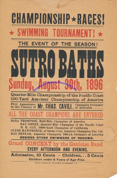 Advertisement For A Sutro Baths Swimming Race Featuring Australian Champion Charles Cavill