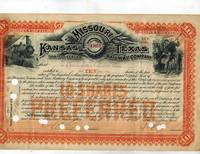 image of Stock Certificate for 10 Shares in the Missouri, Kansas and Texas Railway Company