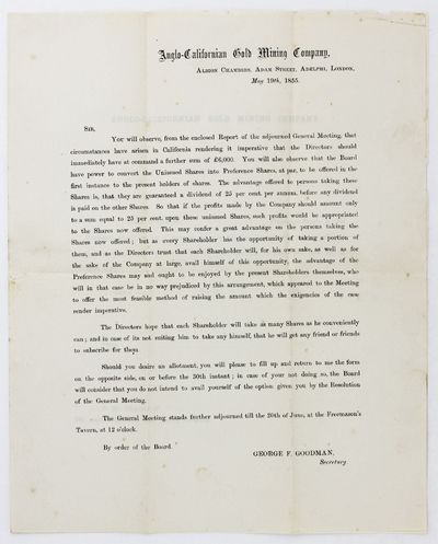 [Printed Circular Letter from the Anglo-Californian Gold Mining Company Regarding Company Stock]