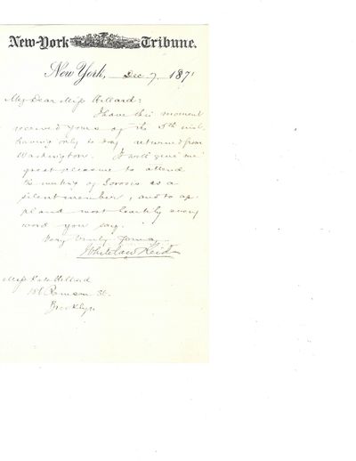 Letter from an early ally of A Politician Agrees to Cover a Women's Suffrage Meeting in 1871: "It will give me great pleasure to attend the meeting...and to applaud most heartily every word you say