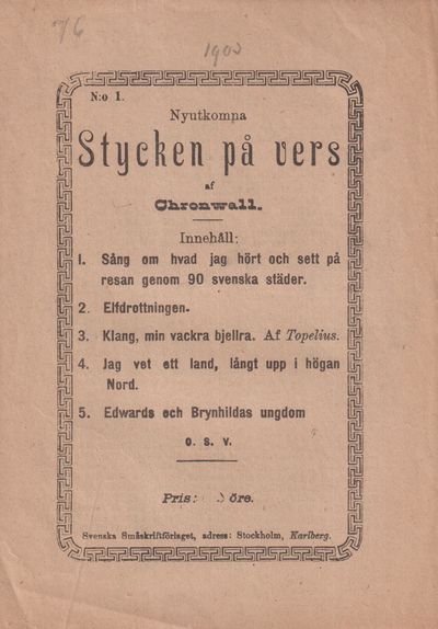 Nyutkomna stycken på vers af Chronwall. N:o 1.…
