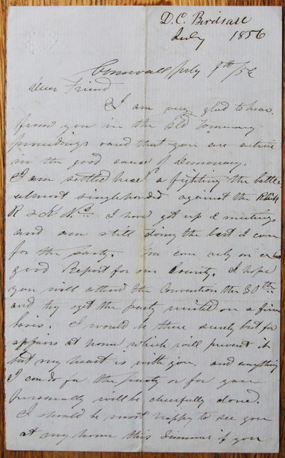 Autograph Letter Signed, Cornwall, New York, July 9, 1856, to Hon. Josiah Sutherland, Member of Congress