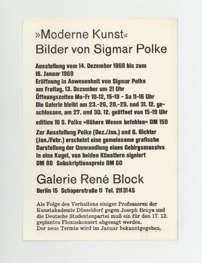Exhibition card: “Moderne Kunst”: Bilder von Sigmar Polke (14 December 1968-16 January 1969)