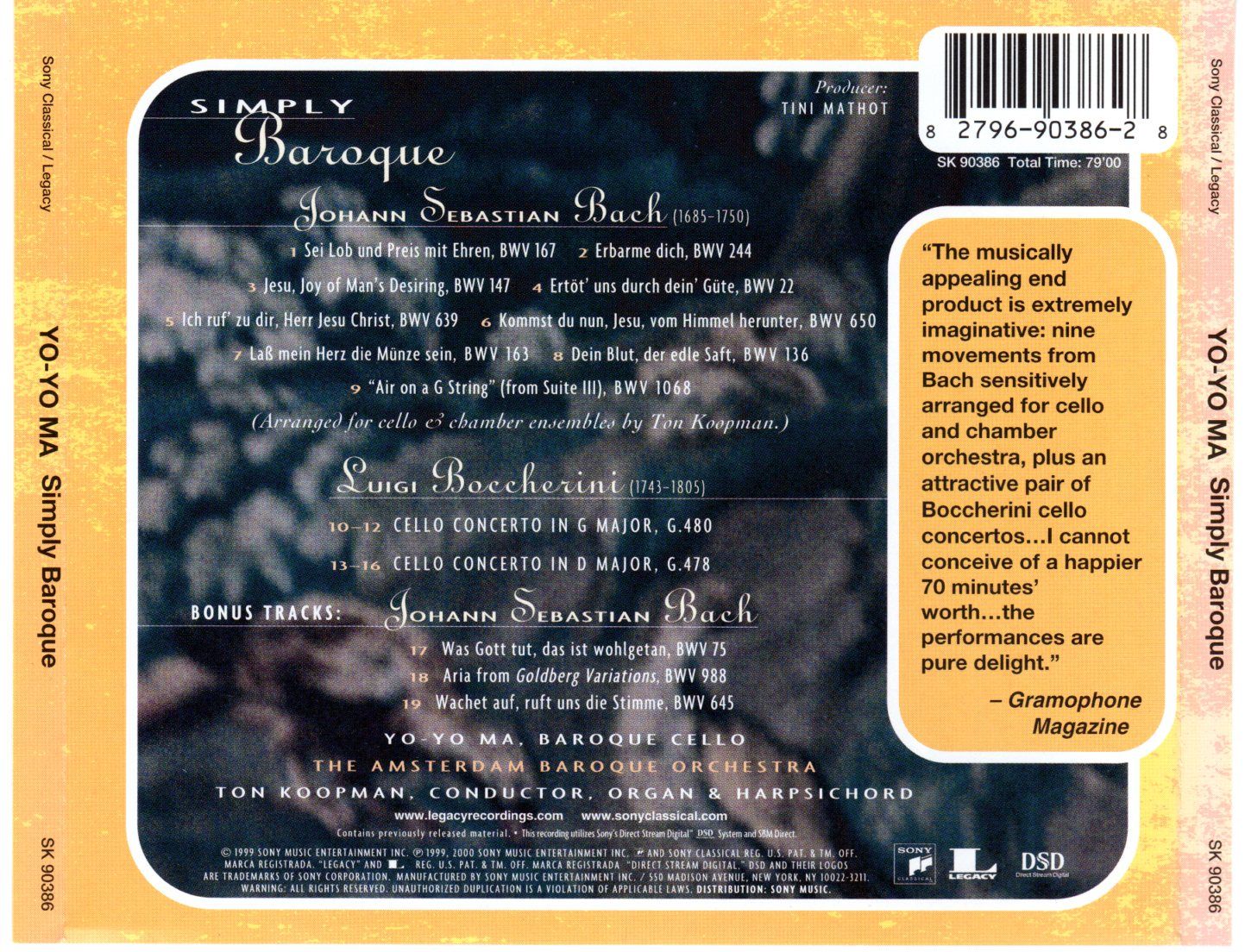 Yo Yo Ma Performs Quot Simply Baroque Quot Plus Boccherini Compact Disc By J S Bach Luigi Boccherini 1999 From Bookarrest Sku Cd481