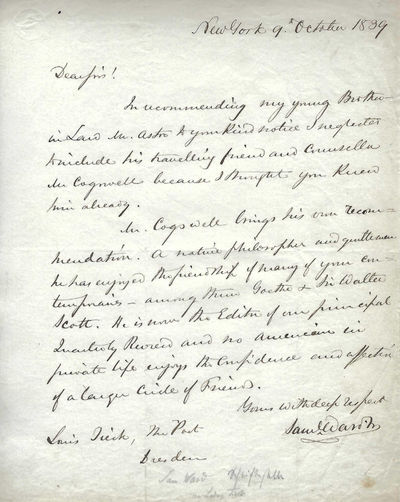 , Autograph Letter Signed, New York, October 9, 1839, to Louis (Ludwig) Tieck, The Post, Dresden, Germany