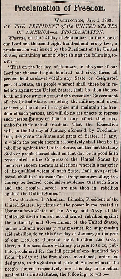 A Copperhead Newspaper Prints, Then Criticizes, the Emancipation Proclamation