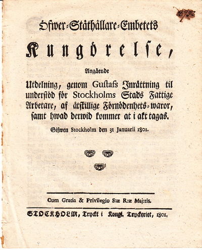 Öfwer-Ståthållare-Embetets Kungörelse, Angående…