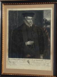 Engraved Portrait of Gualterus Mildmay Three-quarter length, wearing in hat and ruff, building...