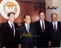 8 x10 inch color Photograph of Ronald Reagan, Richard Nixon, George Bush, and Gerald Ford at the opening of the Richard Nixon Library and Birthplace, Signed By Different Pens By each of the Four Presidents