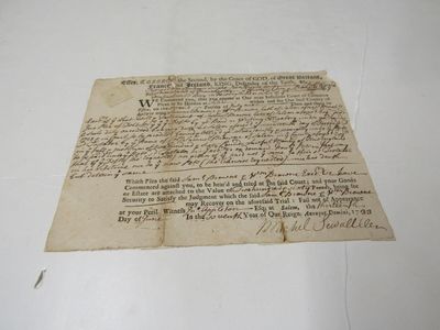 Manuscript and printed document Summons. Browne v. Margan signed by Mitchell Sewall and dated June 13th, 1773