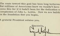 Epic Lyndon Johnson at the Height of His Great Society: He Congratulates Union Titan John L. Lewis on the Coal Mine Health and Safety Act In crediting Lewis, long-time head of the United Mine Workers, with making it possible, LBJ boldly associates himself with labor’s cause.