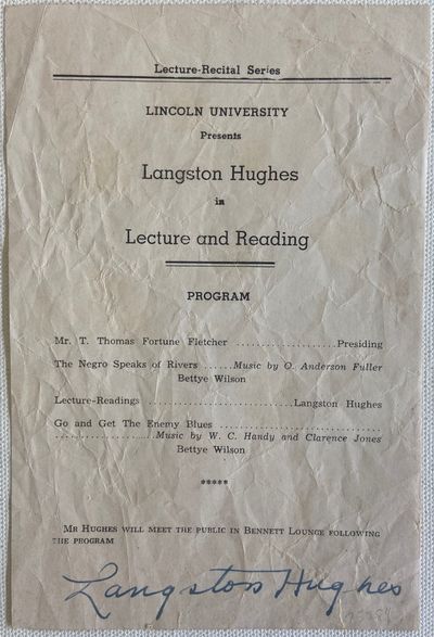 Mid-Twentieth Century African American Literary Culture: Langston Hughes Autographed Lincoln University Lecture Announcement