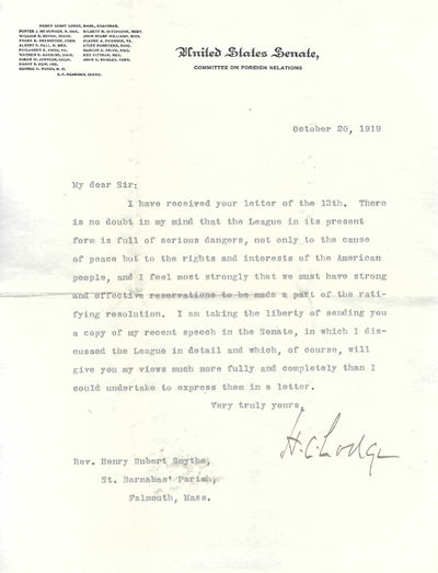 Typed Letter Signed, as U.S. Senator, Washington, D.C. October 20, 1919, to Rev. Henry Hubert Smythe, Falmouth, Massachusetts