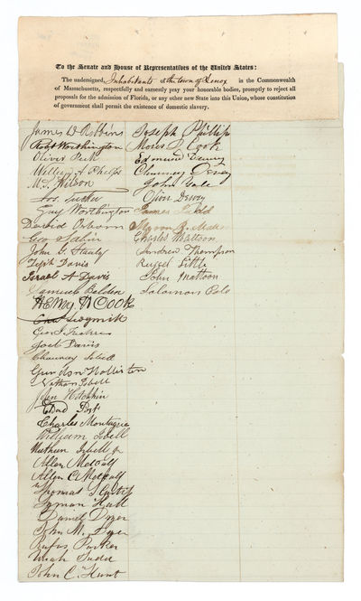 Partially printed petition, signed by inhabitants of Lenox, Mass., against the admission of Florida into the Union
