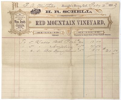 Early 1890s Red Mountain Vineyard Billhead