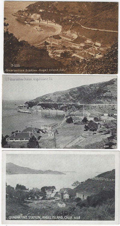 Circa 1900 - Three postcards showing quarantine and immigration facilities at Angel Island near San Francisco, the arrival point for most immigrants from Asia, especially China