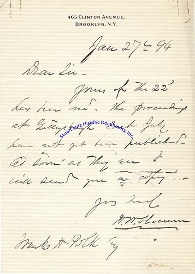 Henry Slocum Writes About The Proceedings At Gettysburgh [Sic] Last July
