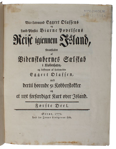 Reise igiennem Island. Foranstaltet af Videnskabernes Sælskab i Kiøbenhavn, og beskreven af forbemeldte Eggert Olafsen, med dertil hørende Kobberstøkker og et nyt forfærdiget Kart over island. 2 vols. - [EXCELLENT COPY OF OLAFSEN'S FOUNDATIONAL WORK ON ICELAND] (photo 2)