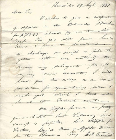 Autograph Letter Signed, Zanesville, Ohio, August 29, 1831, to John H. James, Urbana, Ohio