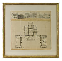 Ink and watercolor rendering of an English manor house, with detailed plan of first floor