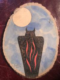 Horned Owl Shadow Figure Possible Utah Pictograph Figure Hand Painted On 8 x 6 inch Circular Pine Wood Signed 'Dionne 2003' Iroquois Museum by Mohawk First Nation Artist