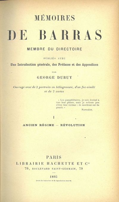 Mémoires de Barras. Membre du Directoire. Publié…