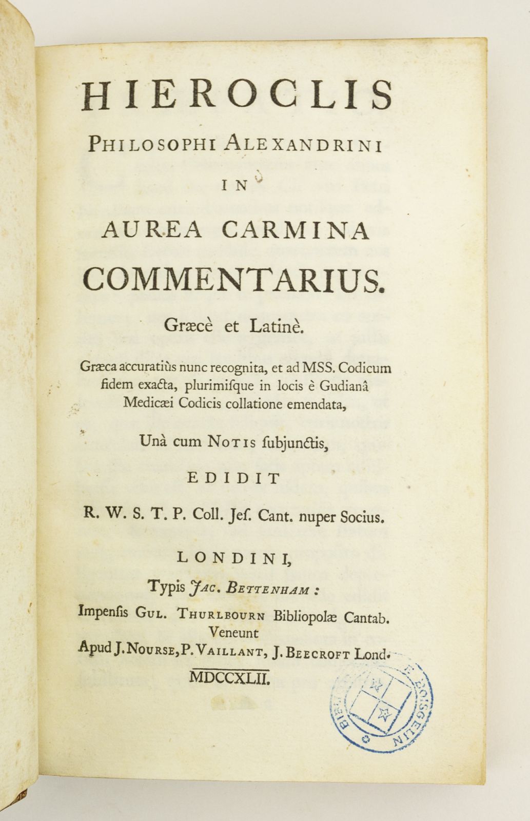 In Aurea Carmina Commentarius Graece Et Latine By Bindings Derome Le Jeune Hierocles 1742 From Phillip J Pirages Fine Books And Medieval Manuscripts Sku St