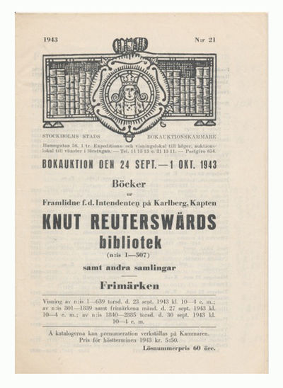 Bokauktion den 24 sept.-1 okt. 1943. Böcker ur…