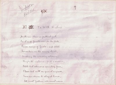 Original holograph manuscript in pencil of his poem "To Will H. Low", 3 pages on lined paper (the original sheet was evidently cut into three pieces for the purpose of binding), several small marginal printer's notations in ink in another hand noting directions for leading, this manuscript fair copy presumably prepared for the printer of Underwoods where the poem first appeared in 1887; 3 pages on lined paper (the original sheet was evidently cut into three pieces for the purpose of binding), several small marginal printer's notations in ink in another hand noting directions for leading, this manuscript fair copy presumably prepared for the printer of Underwoods where the poem first appeared in 1887