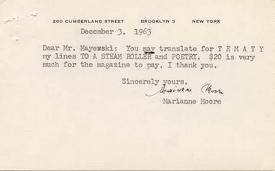 Marianne Moore Gives PermissionTo Translate Two Of Her Poems