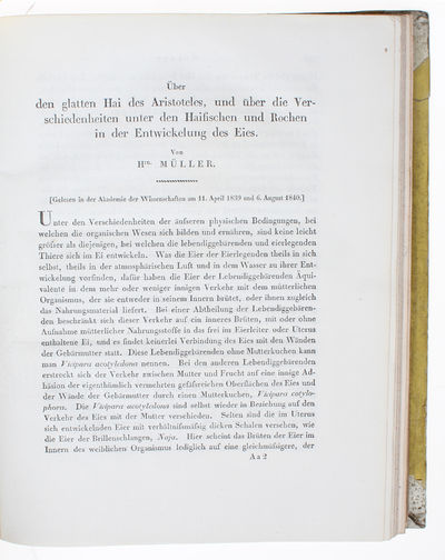 Über den glatten Hai des Aristoteles, und über die Verschiedenheiten unter den Haifischen un Rochen in der Entwickelung des Eies. [In: Abhandlungen der Königlichen Akademie der Wissenschaften zu Berlin. Aus dem Jahr 1840]. - [ESTABLISHING ARISTOTLE AS THE FOUNDER OF BIOLOGICAL SCIENCE] (photo 2)