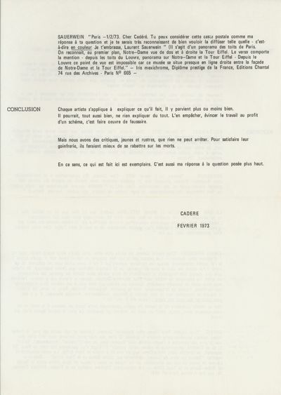 Flyer publicizing Cadere’s fellow exhibiting artists’ responses to their April 1972 show at the Salon de Pâques of the Akademia Raymond Duncan in Paris