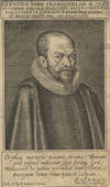 Half-length portrait engraving of this Alsatian composer, teacher and choral director, aged 57, by Jacob van den Heyden