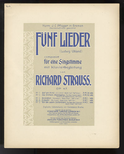 [Op. 47]. Fünf lieder (Ludwig Uhland) componirt für eine Singstimme mit Klavierbegleitung. [Piano-vocal scores, complete]