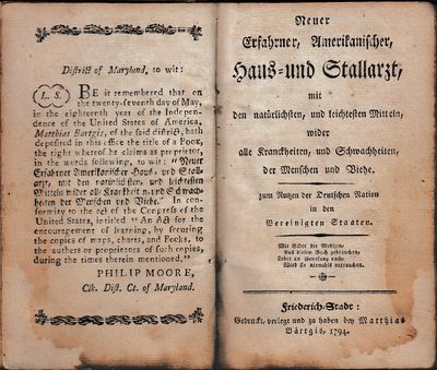Neuer Erfahrner Amerikanischer, Haus-und Stallarzt mit den natürlichsten, und leichtesten Mitteln wider alle Kranckheiten, und Schwachheiten der Menschen und Viehe