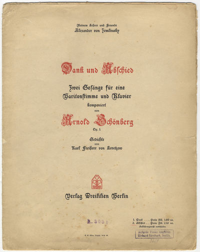 [Op. 1, no. 2]. Dank und Abschied Zwei Gesänge für eine Baritonstimme und Klavier... Op. 1 [No. 2: Abschied]... Gedichte von Karl Freiherr von Levetzow... Meinem Lehrer und Freunde Alexander von Zemlinsky