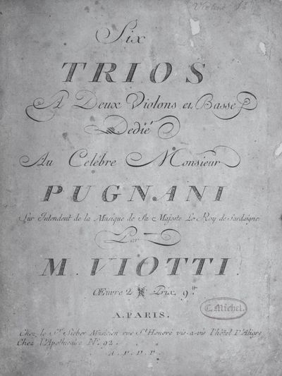 Six Trios a Deux Violons et Basse Dedié au Celébre Monsieur Pugnani Sur Intendent de la Musique de Sa Majeste le Roy de Sardaigne ... Œuvre 2 ... Prix 9₶. [Set of parts]