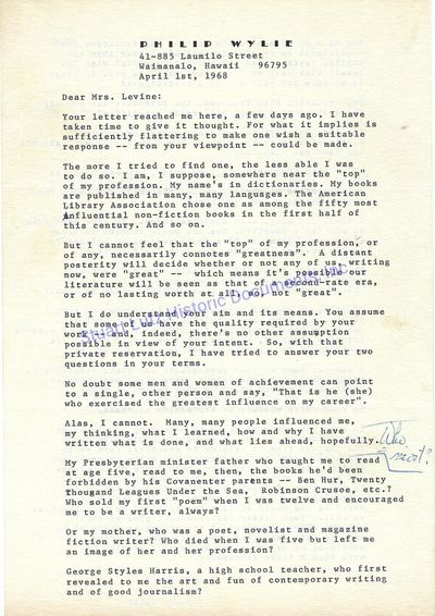 A Lengthy Philip Wylie Letter About His Influences And His Writing Life: Nobody's Born With The Typewriter In His Fingers. A Few True Geniuses, Like Mozart, May Attain Professional Status In Childhood. Writers Of My Sort, However Are More Akin To Concert Pianists And Violinists Too, Even At Their Peaks, Still Practice 5 Hours A DayYou Work Harder Than Anybody. Even, DoctorsTo Make Writing A Career Is To Decide To Spend Most Of Your Life Alone