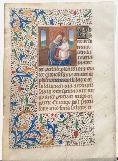 Illuminated Manuscript Leaf in Latin on Vellum: Mother and Child (Northern France, c.1475)