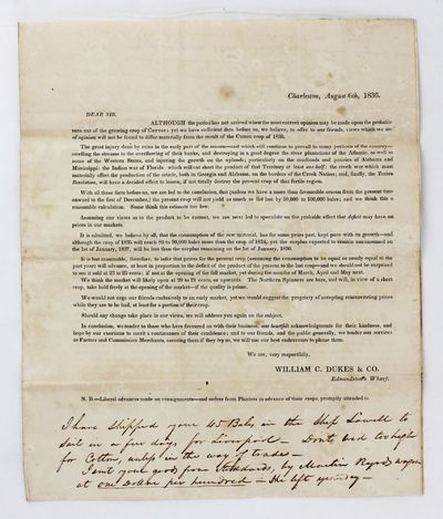 [Printed Circular Regarding the Disruption of the 1836 Cotton Crop Due to the Indian Wars in the Southeast and the Texas Revolution]