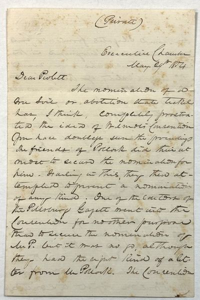 AUTOGRAPH LETTER, SIGNED 29 MAY 1854, AT THE EXECUTIVE MANSION IN HARRISBURG, TO VICTOR PIOLETT, PROMINENT PENNSYLVANIA DEMOCRAT, CONCERNING THE RISE OF THE FREE SOIL AND REPUBLICAN PARTY, THE KANSAS - NEBRASKA ACT, AND BIGLER'S ELECTORAL CHANCES