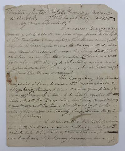 [Autograph Letter, Signed, by Abolitionist Elias Richards, to His Abolitionist Wife Elizabeth Hunt Richards in Weymouth, Massachusetts, Describing Pittsburgh and Mentioning an Early Abolitionist Meeting in the City]