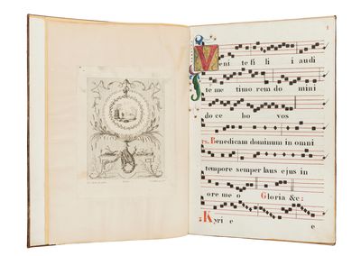 Choir Book with Selected Texts for the Mass and Office; in Latin with some Italian, illuminated stenciled book on paper with musical notation, in original binding