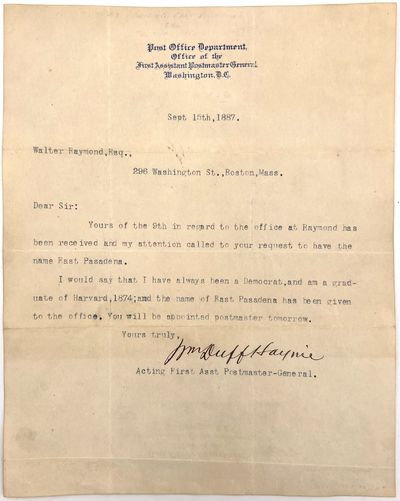 United States Post Office Official Letter to Pasadena Businessman Walter Raymond, Esq