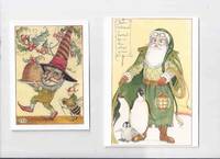 5 Gift / Christmas Cards By Charles Van Sandwyk ( Mouse Under a Crescent Moon; Dragonfly and Moon; a Pair of Robins;  a green clad Santa Claus with Penguins; Gnome King with Elf on Bumblebee ) by Van Sandwyk, Charles - 2017