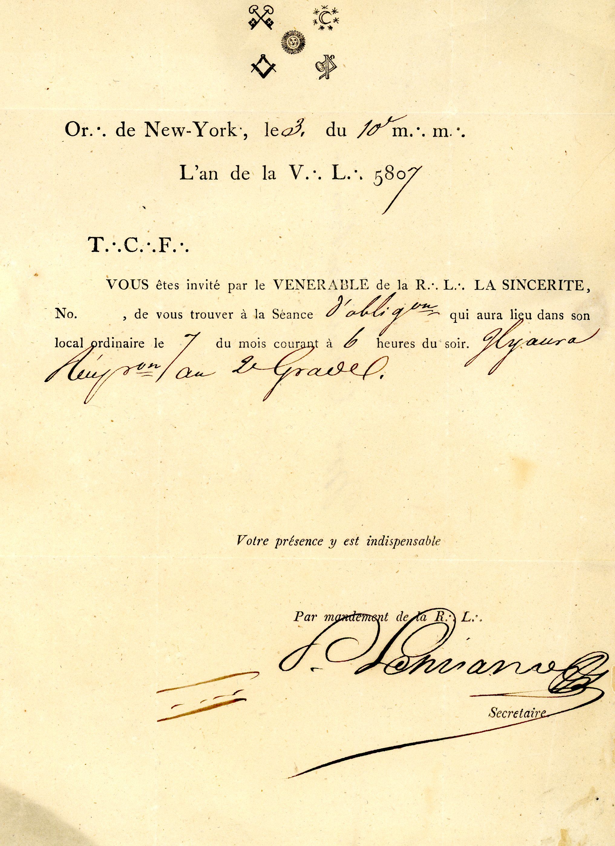 Printed Invitation to Masonic Lodge Meeting of La