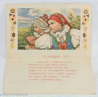 (Christmas card; color graphic shows two young women in peasant costume. Text reads:) 25 December, 1927. Here is a spring-el-e christmas cake made from Czechoslovakian dough and baked in an eighteenth century matzabaum mold, hand carved by Jacob Steinwald, Berks County, Pennsylvania