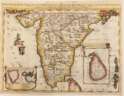 1695. Map. Engraving 13 x 19 3/4 inches. Beautifully engraved map of the Indian subcontinent, with a...