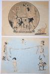 Two Homemade Cards Using Cut-Outs, Both on Folded Sheets, One Depicting Children Playing, the other, A Frazzled Waitress and Playful Cats in a Kitchen
